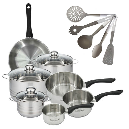 Batterie de cuisine avec 3 faitouts 16/20/24 cm et 3 casseroles 12/16/20 cm avec 5 ustensiles de cuisine Fackelmann Généva Brillant Vario