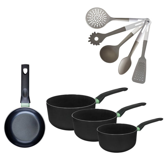 Poêle 16cm et 3 Casseroles 16/18/20cm sans PFAS Fackelmann Brandao avec 5 ustensiles Vario