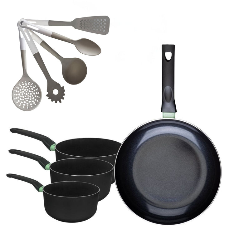 Batterie de cuisine avec 1 poêle 30 cm et 3 casseroles 16/18/20 cm et 5 ustensiles de cuisine Fackelmann Brandao Vario