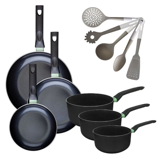 Batterie de cuisine avec 3 poêles 20/24/28 cm et 3 casseroles 16/18/20 cm et 5 ustensiles de cuisine Fackelmann Brandao Vario