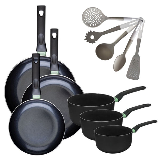 Batterie de cuisine avec 3 poêles 24/28/30 cm et 3 casseroles 16/18/20 cm sans PFAS et 5 ustensiles de cuisine Fackelmann Brandao Vario