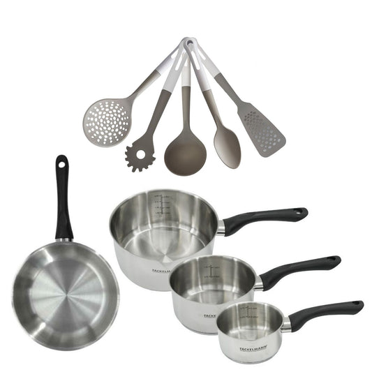 Batterie de cuisine avec 3 casseroles 12/16/20 cm et 1 poêle 20 cm avec 5 ustensiles de cuisine Fackelmann Généva Vario