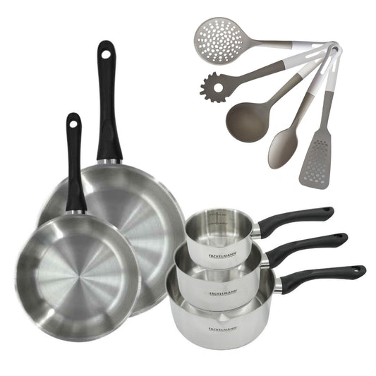 Lot de 2 Poêles Inox 24/28 cm et 3 Casseroles 12/16/20 cm Fackelmann Geneva avec 5 ustensiles