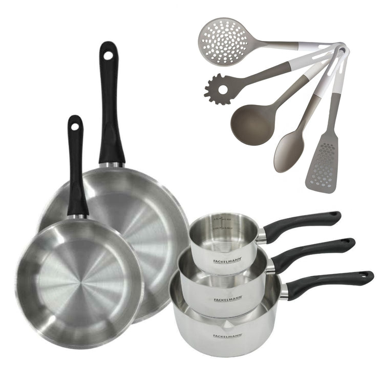Lot de 2 Poêles Inox 24/28 cm et 3 Casseroles 12/16/20 cm Fackelmann Geneva avec 5 ustensiles