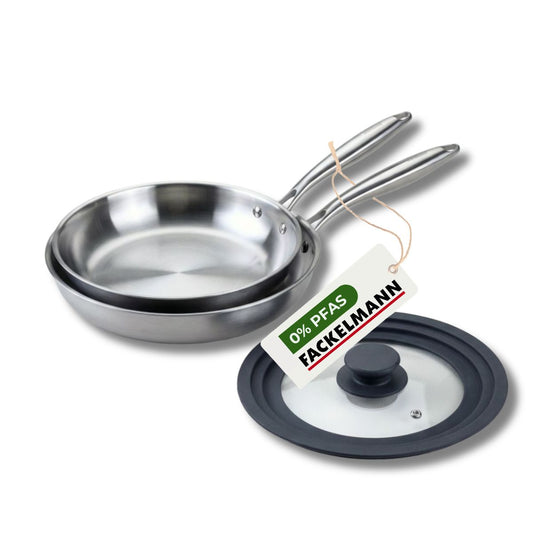 Set de 2 poêles de cuisson 26/28 cm en inox avec 1 couvercle de cuisson universel Fackelmann Vita3