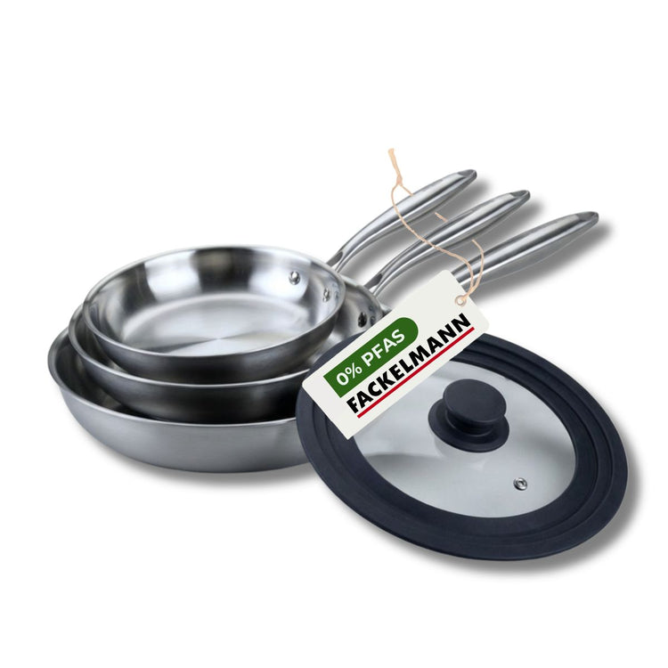 Set de 3 poêles de cuisson 24/26/28 cm en acier inoxydable avec 1 couvercle de cuisson universel Fackelmann Vita3