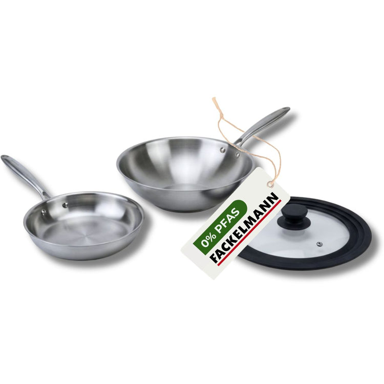 Set de 2 poêles de cuisson 24/28 cm en acier inoxydable avec 1 couvercle de cuisson universel Fackelmann Vita3