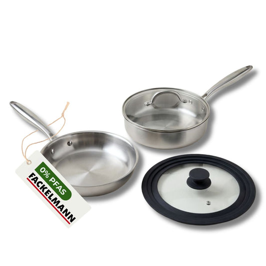 Set de 2 poêles de cuisson 24/24 cm en acier inoxydable avec 1 couvercle de cuisson universel Fackelmann Vita3