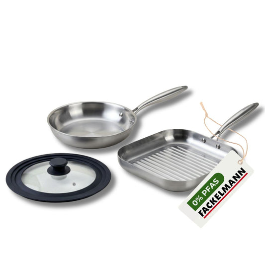 Poêle à Frire 26 cm et Gril 28 cm inox 18/10 Triply et couvercle Fackelmann Vita3