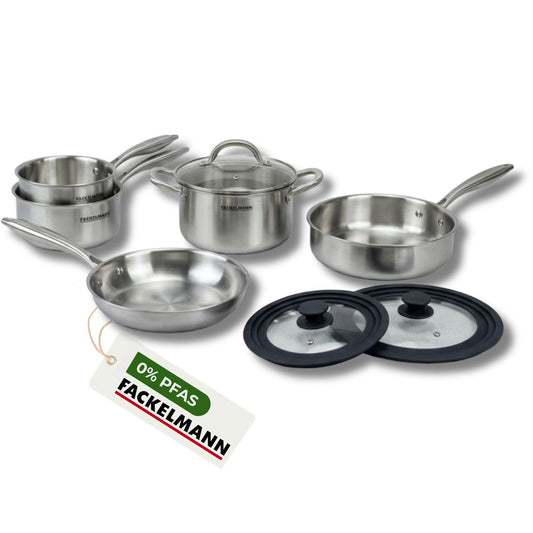 Poêles à Frire 24 cm, Casseroles 14 et 18 cm, Faitout 20 cm, Sauteuse 24 cm inox 18/10 Triply et 2 couvercles Fackelmann Vita3