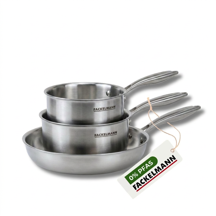 Batterie de cuisine avec 1 poêle de cuisson 28 cm et 2 casseroles 14/18 cm en inox sans PFAS Fackelmann Vita3