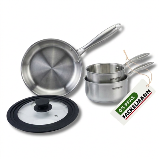 Batterie de cuisine avec 1 poêle 26 cm et 2 casseroles 14/18 cm avec 1 couvercle de cuisson universel sans PFAS Fackelmann Vita3
