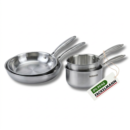 Batterie de cuisine avec 2 poêles 20/24 cm et 2 casseroles 14/18 cm en inox sans PFAS Fackelmann Vita3