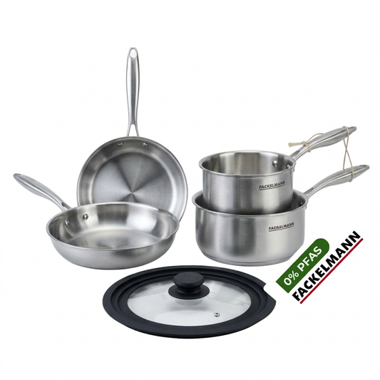 Batterie de cuisine avec 2 poêles 26/28 cm et 2 casseroles 14/18 cm avec 1 couvercle de cuisson universel sans PFAS Fackelmann Vita3
