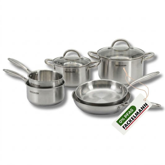 Batterie de cuisine avec 2 poêles 26/28 cm 3 casseroles 14/18 cm et 2 faitouts 20/24 cm en inox sans PFAS Fackelmann Vita3