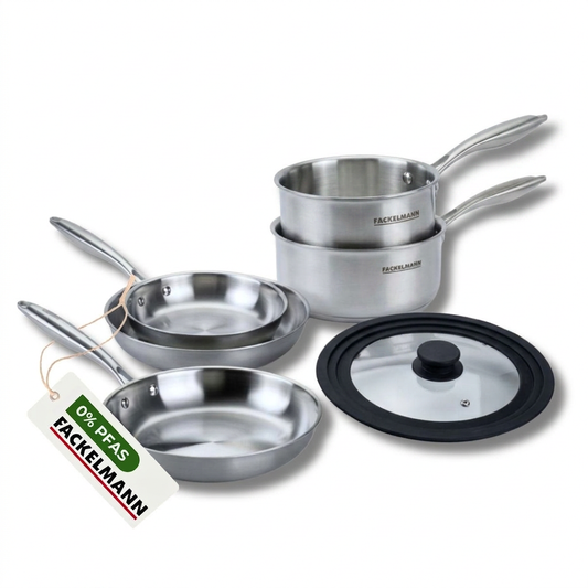 Batterie de cuisine avec 3 poêles 20/24/26 cm et 2 casseroles 14/18 cm et 1 couvercle de cuisson universel sans PFAS Fackelmann Vita3