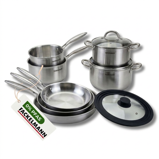 Batterie de cuisine avec 3 poêles 20/26/28 cm, 2 casseroles 14/18 cm et 2 faitouts avec 1 couvercle de cuisson universel Fackelmann Vita3