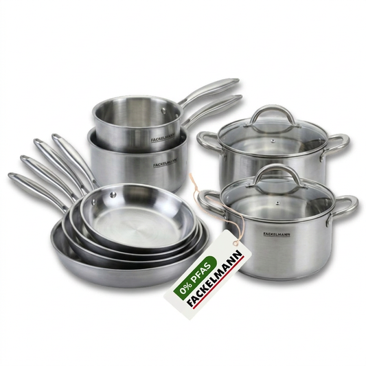 4 poêles à Frire 20 24 26 et 28 cm, Casseroles 14 et 18 cm inox 18/10, Faitouts 20 et 24 cm inox 18/10 Triply Fackelmann Vita3