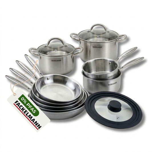 4 poêles à Frire 20 24 26 et 28 cm, Casseroles 14 et 18 cm inox 18/10, Faitouts 20 et 24 cm inox 18/10 Triply, Couvercle Fackelmann Vita3