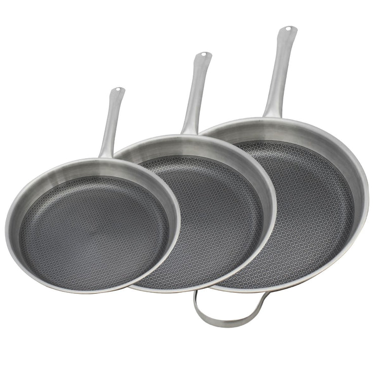 Set de 3 poêles de cuisson 24/28/32 cm en acier inoxydable avec 3 ustensiles de cuisson sans PFAS Elo Relief Solution