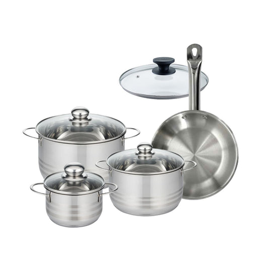 Batterie de cuisine avec 1 poêle 24 cm 1 couvercle et 3 faitouts 16/20/24 cm sans PFAS Fackelmann Eterna Brillant avec couvercles