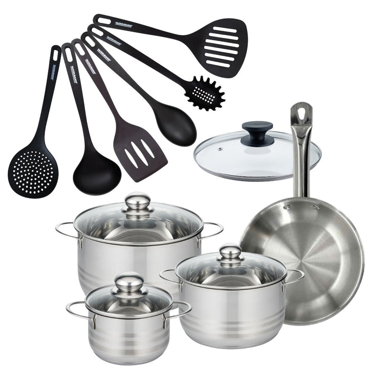 Batterie de cuisine 1 poêle 24 cm et couvercle, 3 faitouts 20/24/16 cm et 6 ustensiles de cuisine Fackelmann Eterna