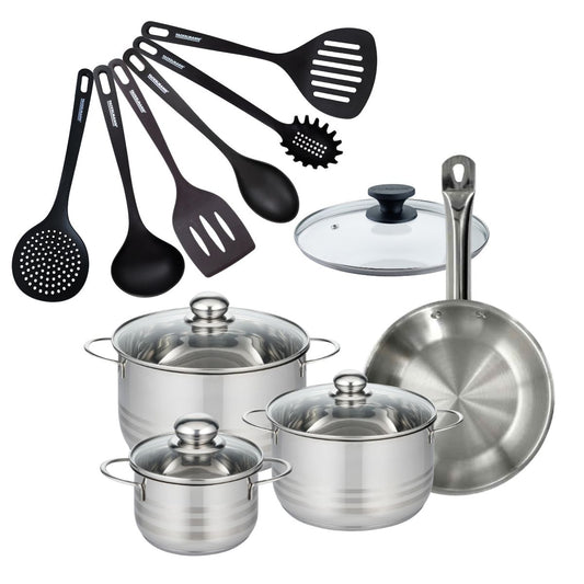 Batterie de cuisine 1 poêle 24 cm et couvercle, 3 faitouts 20/24/16 cm et 6 ustensiles de cuisine Fackelmann Eterna