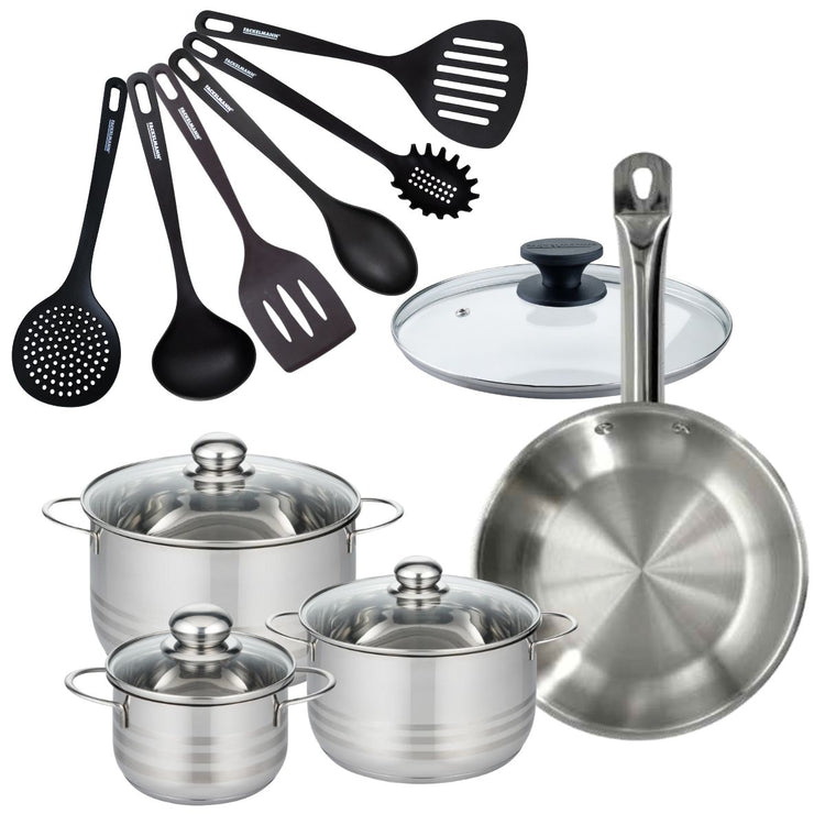 Batterie de cuisine 1 poêle 28 cm et couvercle, 3 faitouts 20/24/16 cm et 6 ustensiles de cuisine Fackelmann Eterna