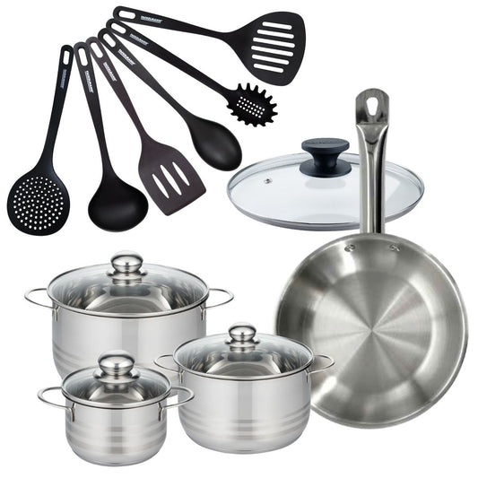 Batterie de cuisine 1 poêle 28 cm et couvercle, 3 faitouts 20/24/16 cm et 6 ustensiles de cuisine Fackelmann Eterna