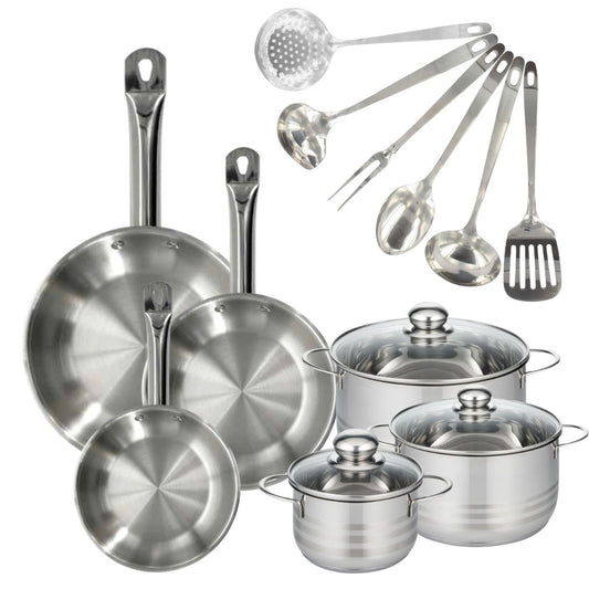 Batterie de cuisine avec 3 poêles 20/24/28 cm et 3 faitouts 16/20/24 cm et 6 ustensiles de cuisine Fackelmann Etherna Brillant Oxford