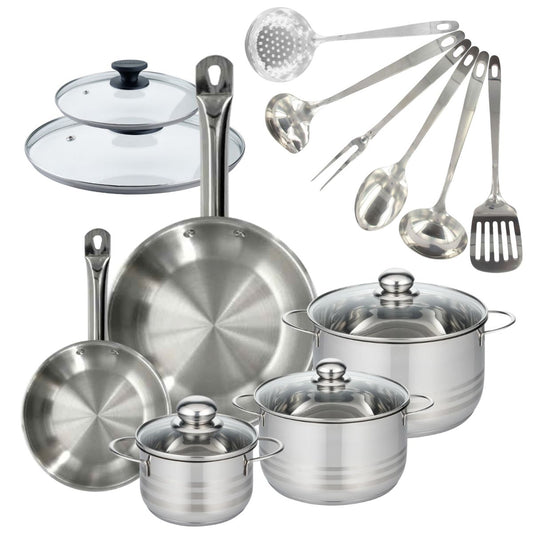 Batterie de cuisine 2 poêles 20/28 cm et couvercles, 3 faitouts 16/20/24 cm et 6 ustensiles Fackelmann Eterna