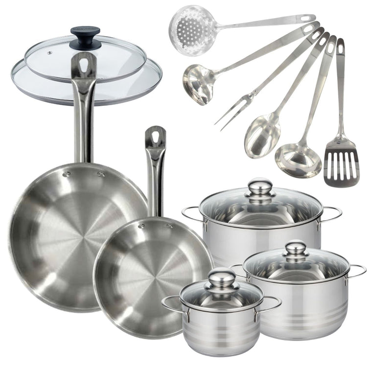 Batterie de cuisine 2 poêles 24/28 cm et couvercles, 3 faitouts 16/20/24 cm et 6 ustensiles Fackelmann Eterna
