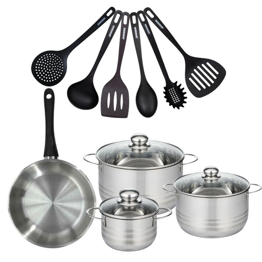 Batterie de cuisine avec 1 poêle 24 cm et 3 faitouts 16/20/24 cm avec 6 ustensiles de cuisine sans PFAS Fackelmann Généva Brillant Fénix