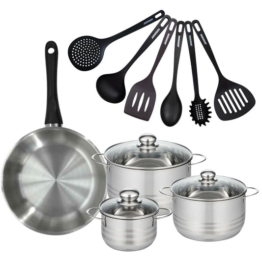 Batterie de cuisine avec 1 poêle 28 cm et 3 faitouts 16/20/24 cm avec 6 ustensiles de cuisine Fackelmann Généva Brillant Fénix