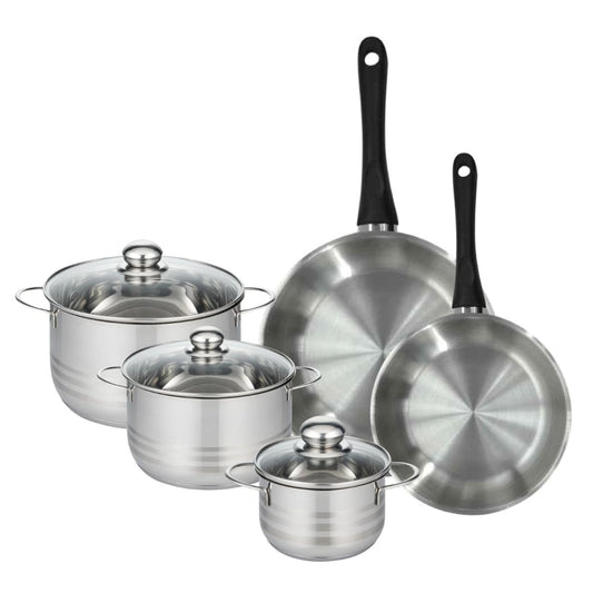 Batterie de cuisine avec 2 poêles 24/28 cm et 3 faitouts 16/20/24 cm en inox sans PFAS Fackelmann Généva Brillant