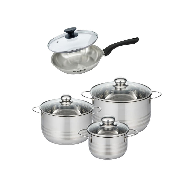 Batterie de cuisine avec 1 poêle 20 cm et 3 faitouts 16/20/24 cm sans PFAS Fackelmann Généva Brillant avec couvercles