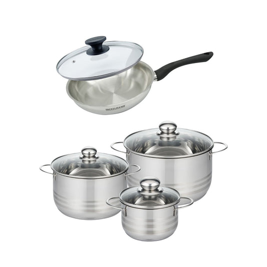 Batterie de cuisine avec 1 poêle 24 cm et 3 faitouts 16/20/24 cm sans PFAS Fackelmann Généva Brillant avec couvercles