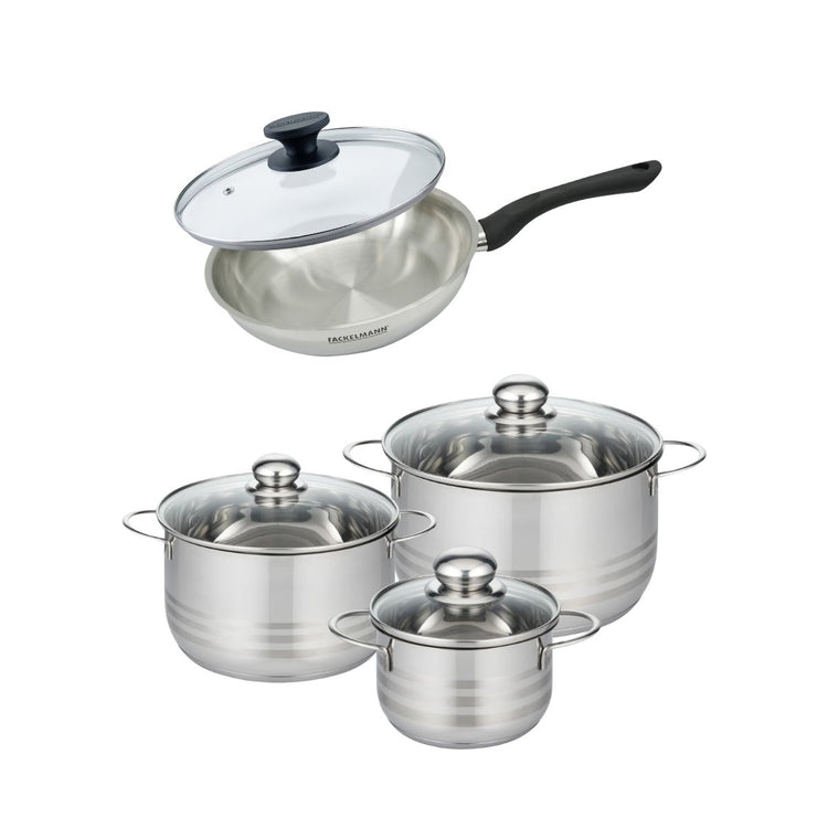 Batterie de cuisine avec 1 poêle 24 cm et 3 faitouts 16/20/24 cm sans PFAS Fackelmann Généva Brillant avec couvercles