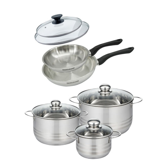 Batterie de cuisine avec 2 poêles 20/24 cm et 3 faitouts 16/20/24 cm sans PFAS Fackelmann Généva Brillant avec couvercles