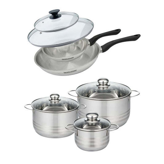 Batterie de cuisine avec 2 poêles 20/28 cm et 3 faitouts 16/20/24 cm sans PFAS Fackelmann Généva Brillant avec couvercles