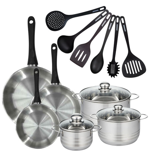 Batterie de cuisine avec 3 poêles 20/24/28 cm et 3 faitouts 16/20/24 cm avec 6 ustensiles de cuisine sans PFAS Fackelmann Généva Brillant Fénix
