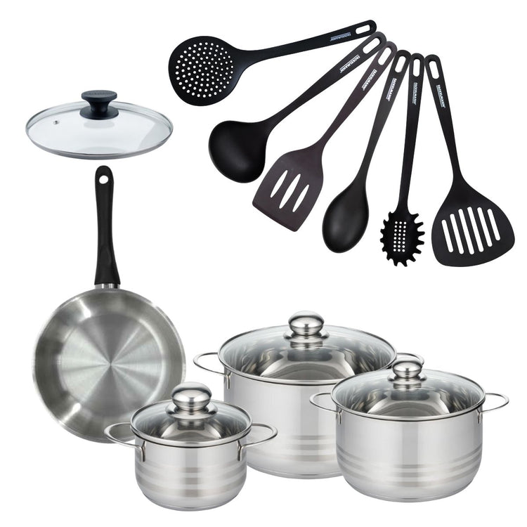 Batterie de cuisine 1 poêle 20 cm et couvercle, 3 faitouts 16/20/24 cm et 6 ustensiles de cuisine Fackelmann Geneva