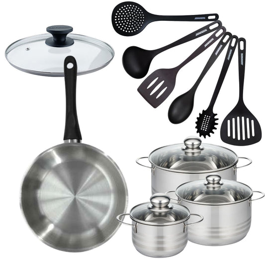 Batterie de cuisine 1 poêle 28 cm et couvercle, 3 faitouts 16/20/24 cm et 6 ustensiles de cuisine Fackelmann Geneva