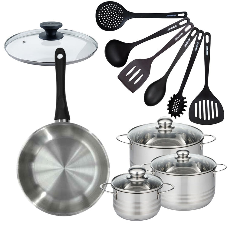Batterie de cuisine 1 poêle 28 cm et couvercle, 3 faitouts 16/20/24 cm et 6 ustensiles de cuisine Fackelmann Geneva