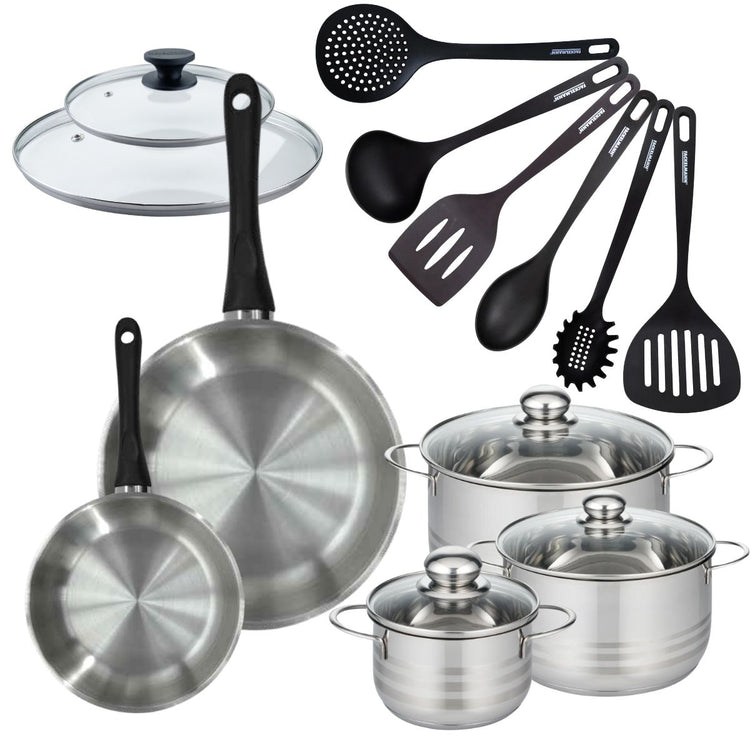 Batterie de cuisine 2 poêles 20/28 cm et couvercle, 3 faitouts 16/20/24 cm et 6 ustensiles Fackelmann Geneva