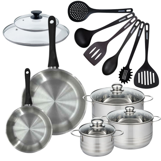 Batterie de cuisine 2 poêles 20/28 cm et couvercle, 3 faitouts 16/20/24 cm et 6 ustensiles Fackelmann Geneva