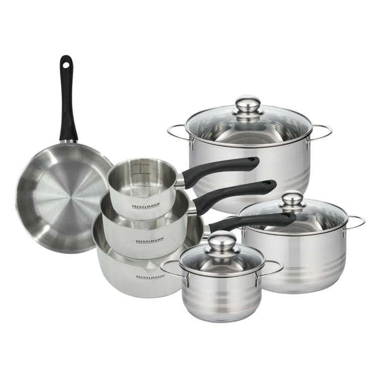 Batterie de cuisine avec 1 poêle 20 cm 3 casseroles 12/16/20 cm et 3 faitouts 16/20/24 cm en inox sans PFAS Fackelmann Généva Brillant