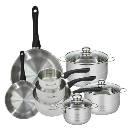 Batterie de cuisine avec 2 poêles 20/28 cm 3 casseroles 12/16/20 cm et 3 faitouts 16/20/24 cm en inox sans PFAS Fackelmann Généva Brillant