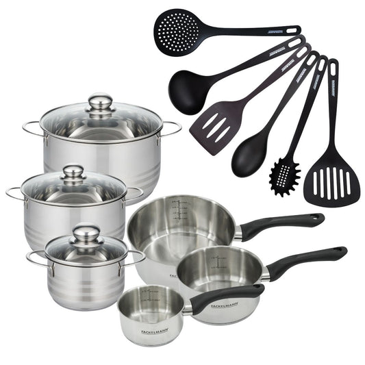 Batterie de cuisine avec 3 casseroles 12/16/20 cm et 3 faitouts 16/20/24 cm avec 6 ustensiles de cuisine sans PFAS Fackelmann Généva Brillant Fénix