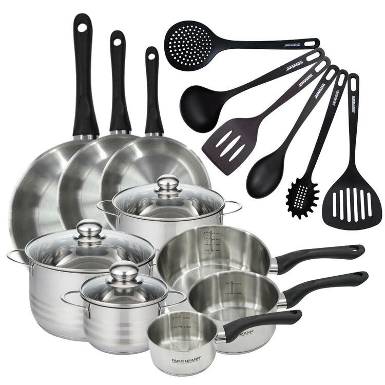 Batterie de 3 poêles 20/24/28 cm, 3 casseroles 12/16/20 cm, 3 faitouts 16/20/24 cm, 6 ustensiles Fackelmann Geneva